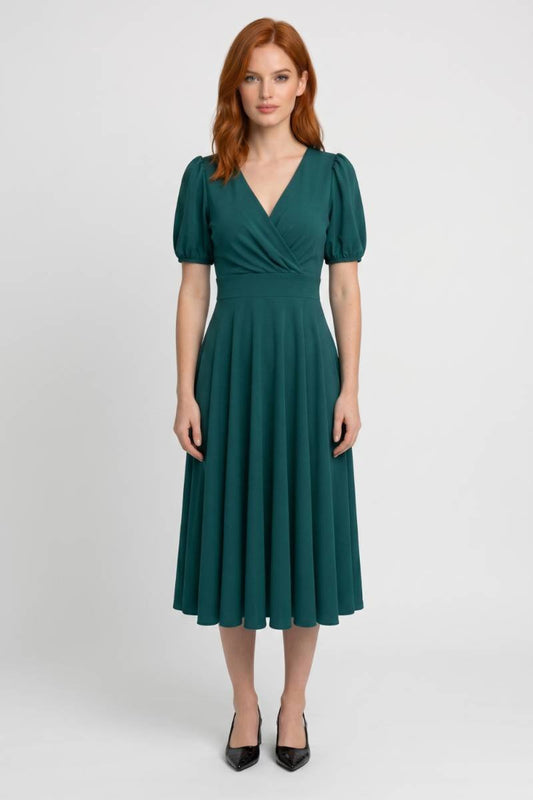 Robe Midi Femme - Col V Manches Bouffantes Coupe Portefeuille | Rétro — Vert