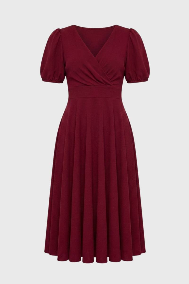 Robe Midi Femme - Col V Manches Bouffantes Coupe Portefeuille | Rétro — Bordeaux