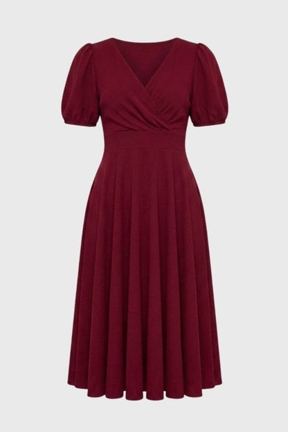 Robe Midi Femme - Col V Manches Bouffantes Coupe Portefeuille | Rétro — Bordeaux
