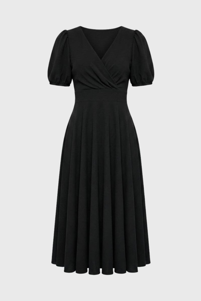 Robe Midi Femme - Col V Manches Bouffantes Coupe Portefeuille | Rétro — Noir
