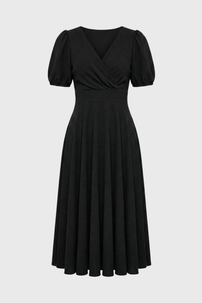 Robe Midi Femme - Col V Manches Bouffantes Coupe Portefeuille | Rétro — Noir