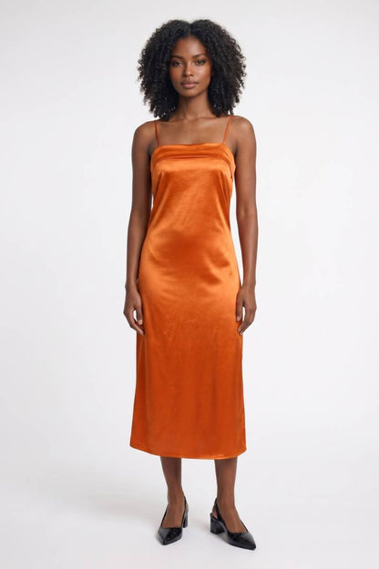 Robe Midi Femme - Dos Bretelles Fines Bustier Drapé | Chic — Orange