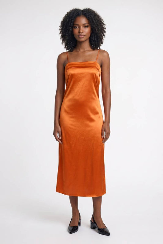 Robe Midi Femme - Dos Bretelles Fines Bustier Drapé | Chic — Orange