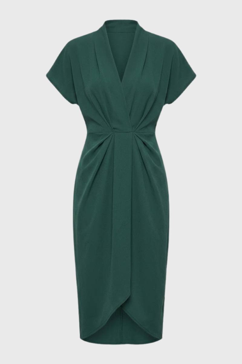 Robe Midi Femme - Drapée Col V Manches Courtes | Chic — Vert
