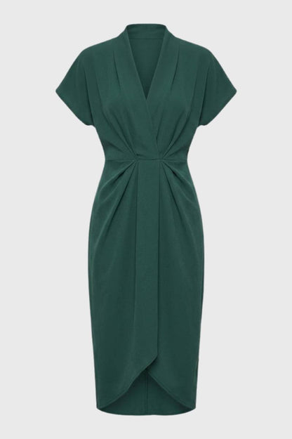 Robe Midi Femme - Drapée Col V Manches Courtes | Chic — Vert