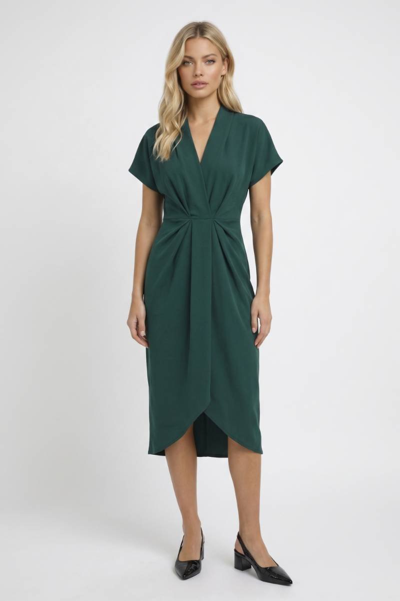 Robe Midi Femme - Drapée Col V Manches Courtes | Chic — Vert