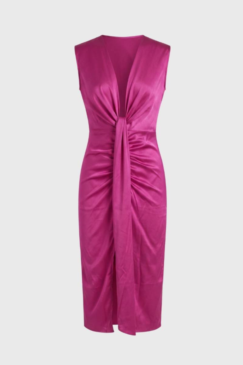 Robe midi Femme - Drapée V Profond Nœud Central | Sophistiquée — Fuchsia