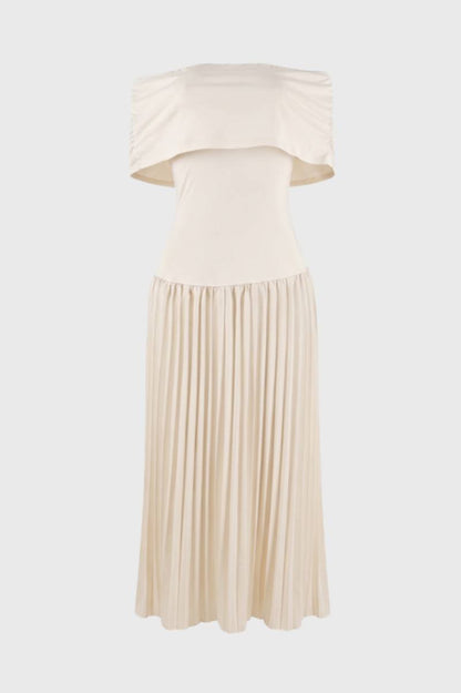 Robe midi Femme - Épaules Dénudées Jupe Plissée | Élégant — Beige