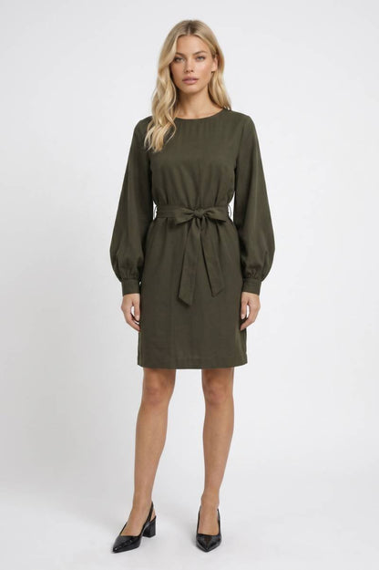 Robe Midi Femme - Manches Bouffantes Col Rond Ceinture | Élégante — Olive
