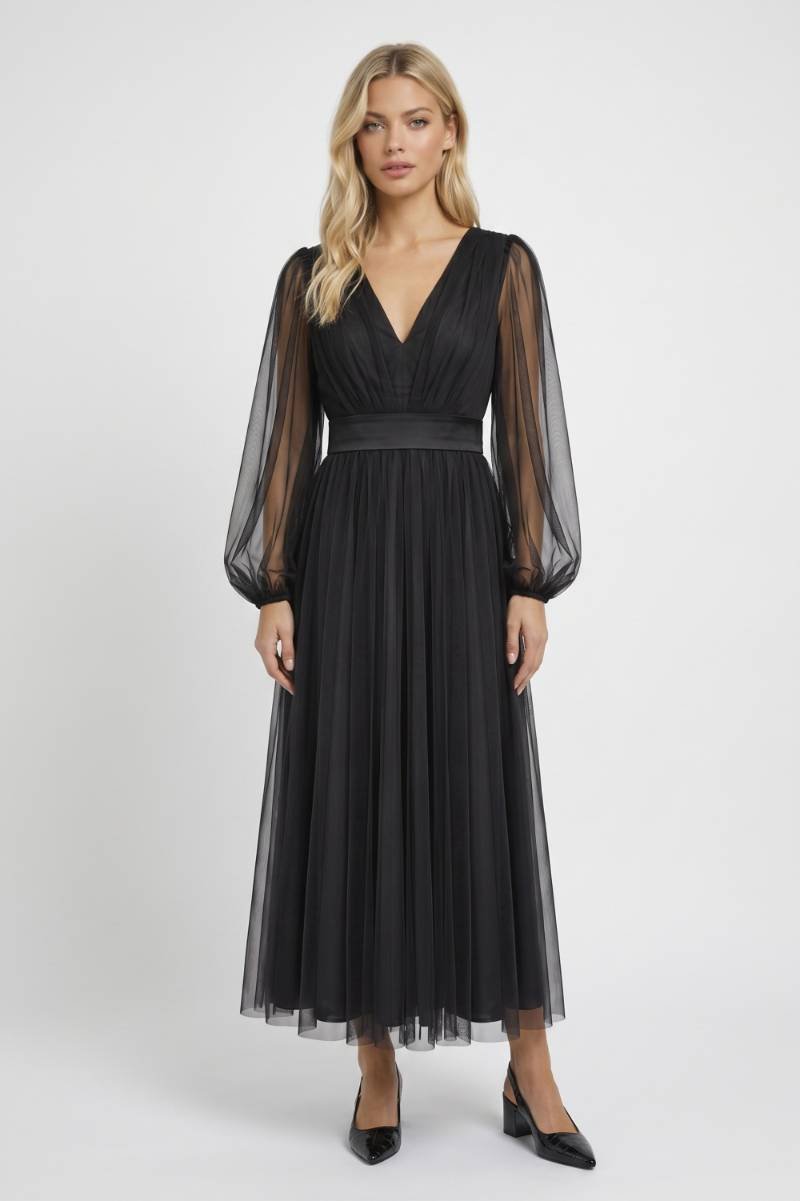 Robe midi Femme - Manches Bouffantes Col V Profond | Élégant — Noir