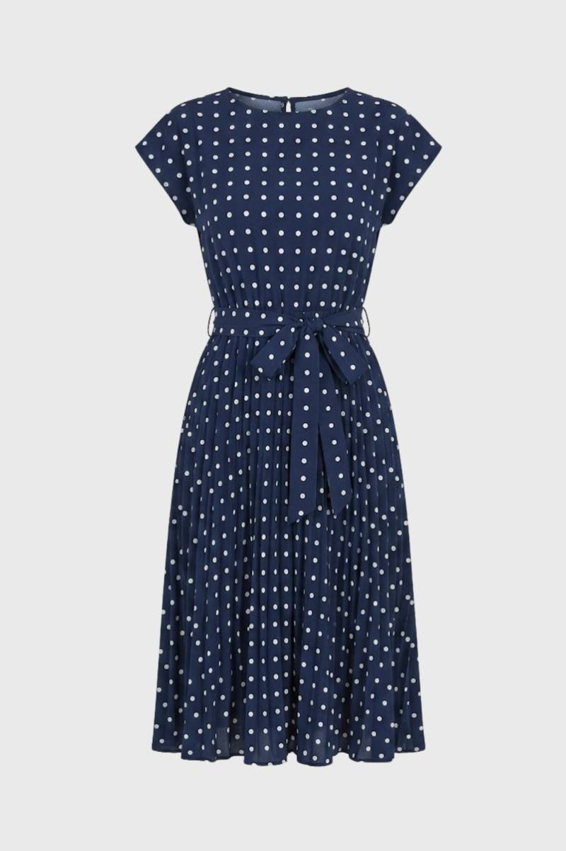 Robe midi Femme - Pois Rétro Manches Courtes Ceinturée | Chic — Marine à pois