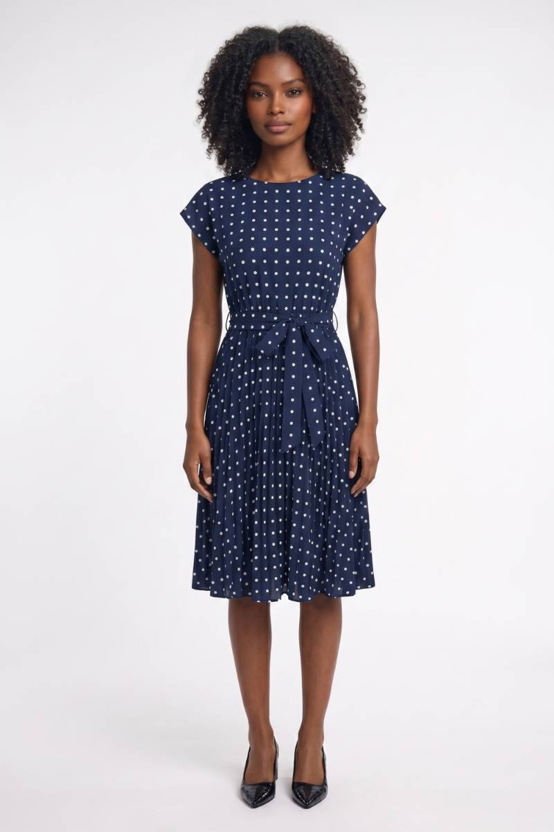 Robe midi Femme - Pois Rétro Manches Courtes Ceinturée | Chic — Marine à pois