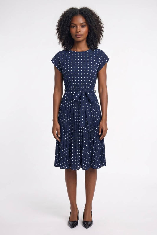 Robe midi Femme - Pois Rétro Manches Courtes Ceinturée | Chic — Marine à pois