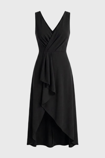 Robe Midi Femme - Portefeuille Asymétrique Bretelles | Élégant — Noir