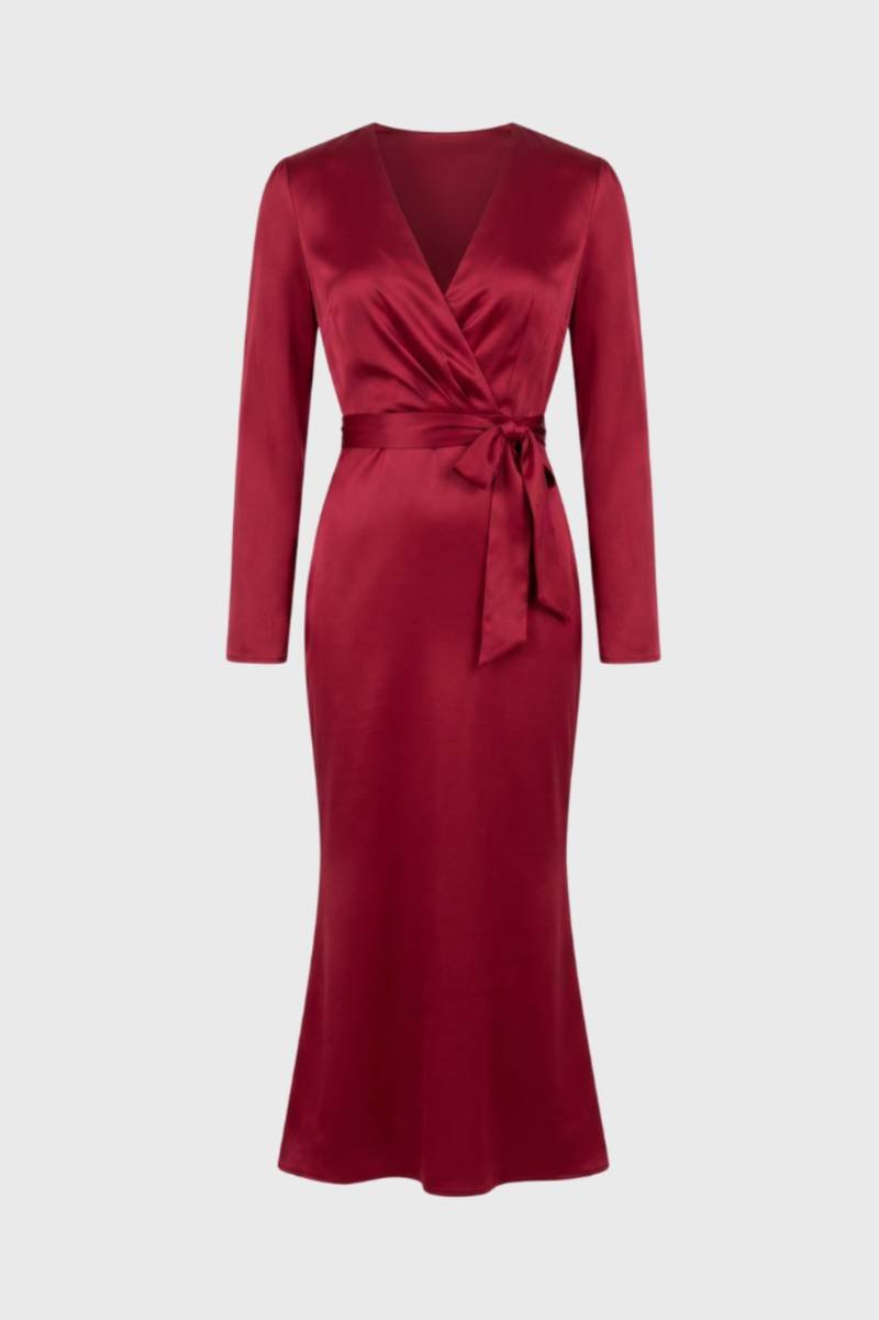 Robe Midi Femme - Portefeuille ée Ceinture Nouée | Élégant — Bordeaux