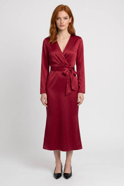 Robe Midi Femme - Portefeuille ée Ceinture Nouée | Élégant — Bordeaux