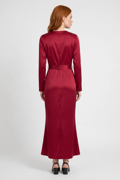 Robe Midi Femme - Portefeuille ée Ceinture Nouée | Élégant — Bordeaux