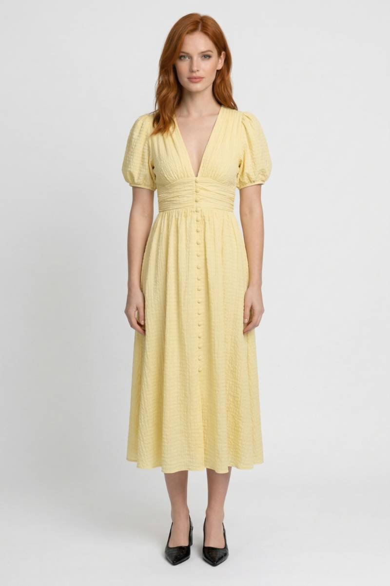 Robe midi Femme - Romantique avec Manches Bouffantes | Col V — Jaune