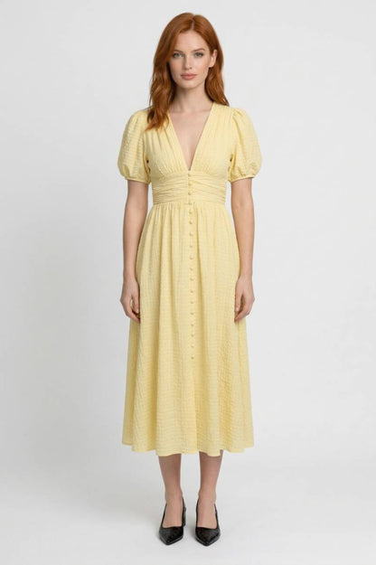 Robe midi Femme - Romantique avec Manches Bouffantes | Col V — Jaune