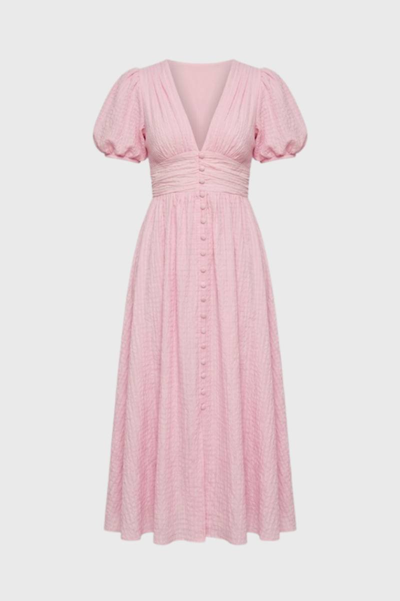 Robe midi Femme - Romantique avec Manches Bouffantes | Col V — Rose