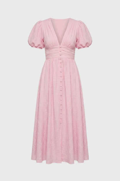Robe midi Femme - Romantique avec Manches Bouffantes | Col V — Rose