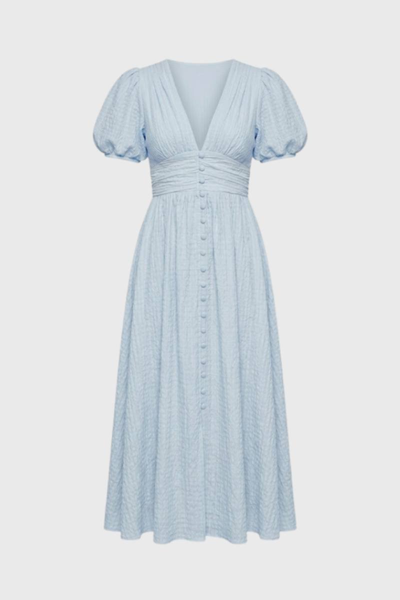 Robe midi Femme - Romantique avec Manches Bouffantes | Col V — Bleu Clair