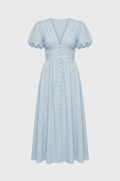Robe midi Femme - Romantique avec Manches Bouffantes | Col V — Bleu Clair