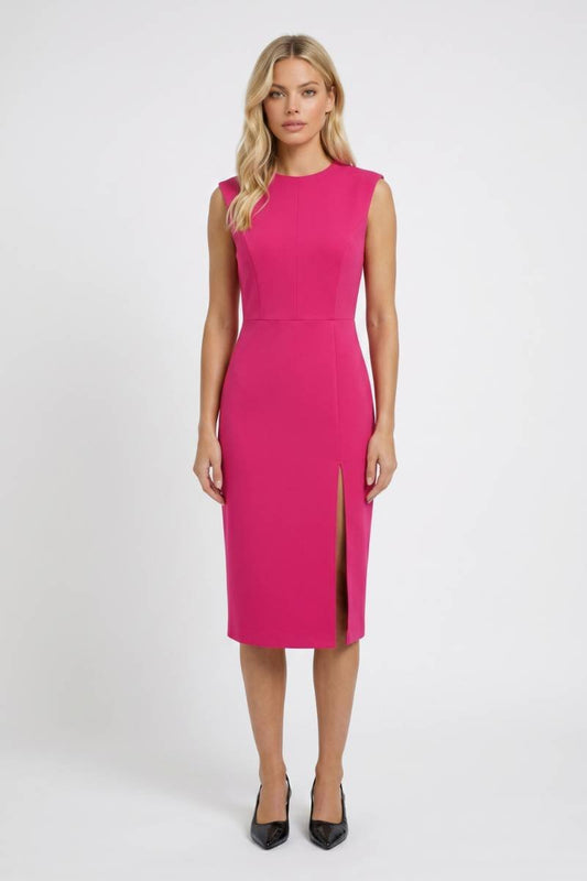 Robe midi Femme - Sans Manches avec Fente Latérale | Élégant — Rose Vif