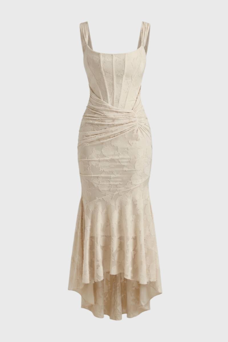 Robe Midi Femme - Sirène Asymétrique avec Bretelles | Élégante - Beige