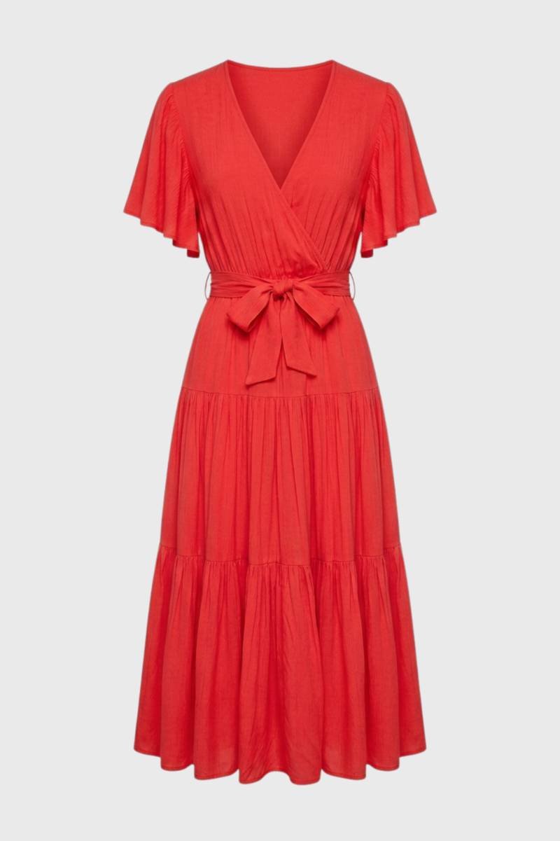 Robe midi Femme - Volants Cache-Cœur Ceinturée | Bohème — Rouge