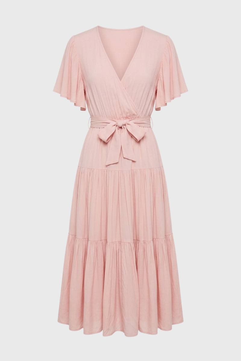 Robe midi Femme - Volants Cache-Cœur Ceinturée | Bohème — Rose