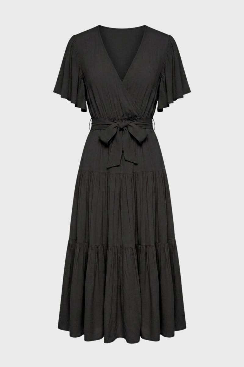 Robe midi Femme - Volants Cache-Cœur Ceinturée | Bohème — Noir