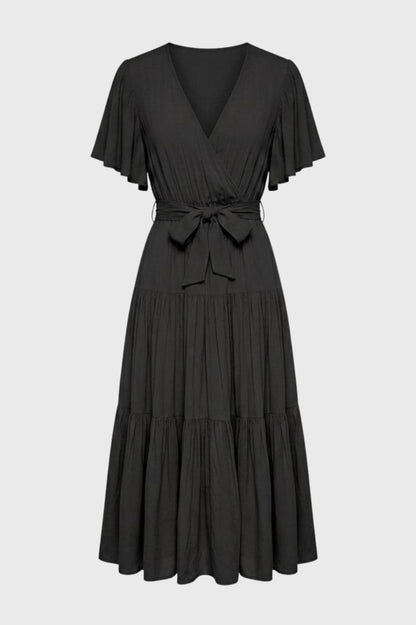 Robe midi Femme - Volants Cache-Cœur Ceinturée | Bohème — Noir
