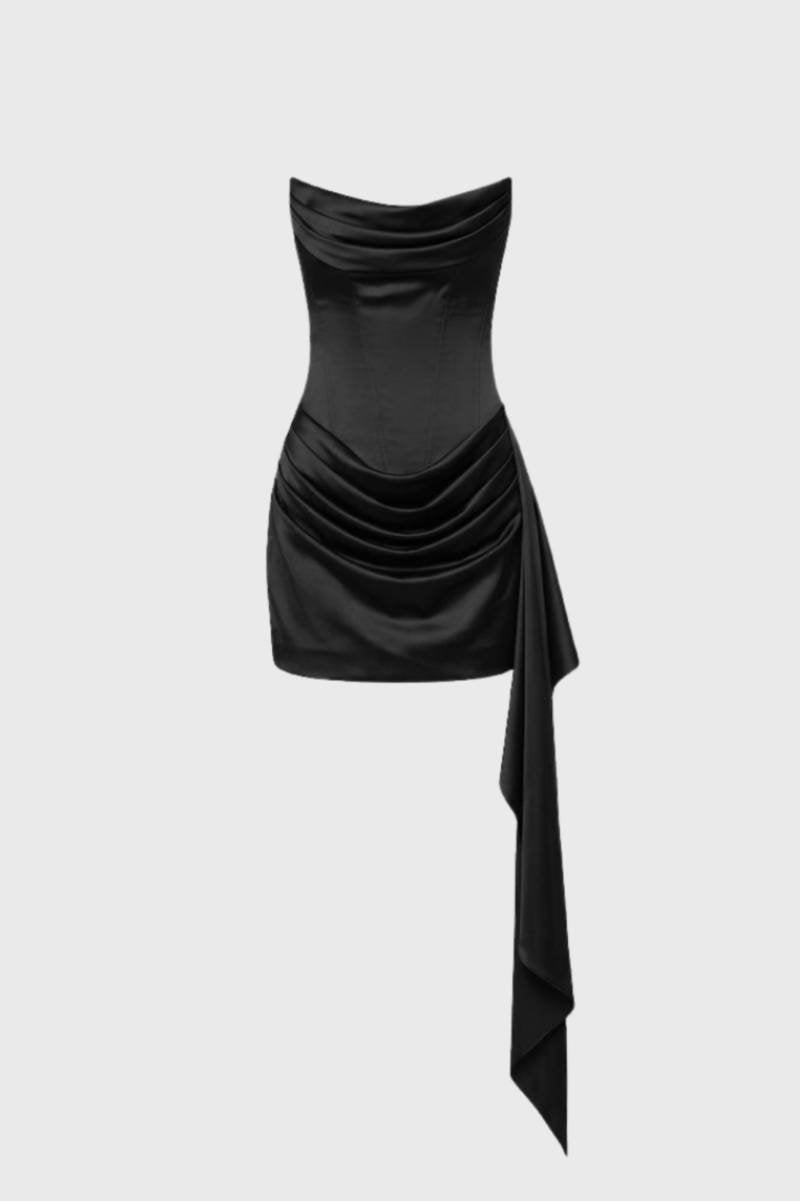 Robe Mini Femme - Bustier Drapée avec Détail Asymétrique | Soirée - Noir