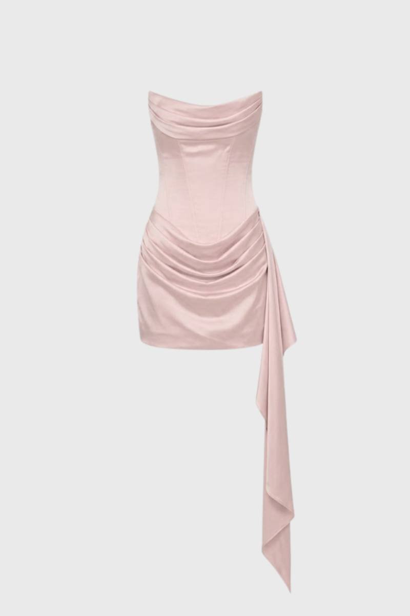 Robe Mini Femme - Bustier Drapée avec Détail Asymétrique | Soirée - Rose