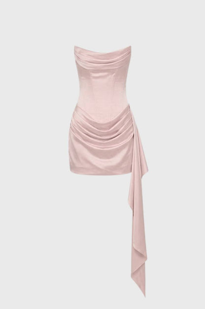 Robe Mini Femme - Bustier Drapée avec Détail Asymétrique | Soirée - Rose