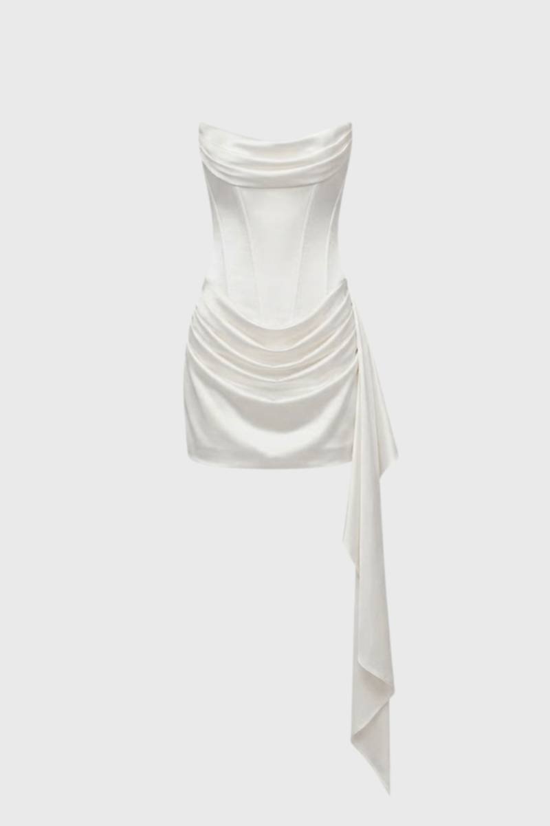 Robe Mini Femme - Bustier Drapée avec Détail Asymétrique | Soirée - Blanc