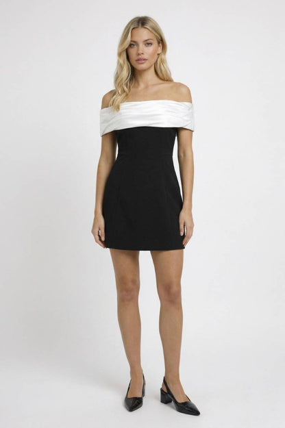 Robe Mini Femme - Épaules Nues Bicolore | Cocktail - Noir et Blanc