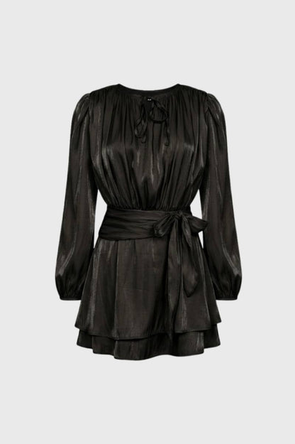 Robe Mini Femme - Froncée avec Manches Longues | Élégante — Noir
