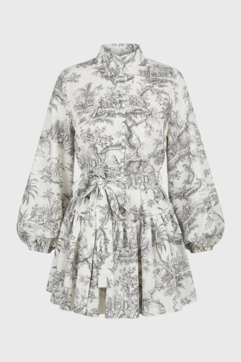 Robe Mini Femme - Manches Bouffantes Col Montant | Vintage — Toile de Jouy Gris