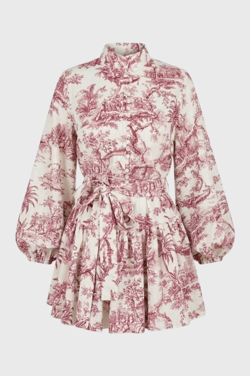 Robe Mini Femme - Manches Bouffantes Col Montant | Vintage — Toile de Jouy Rose