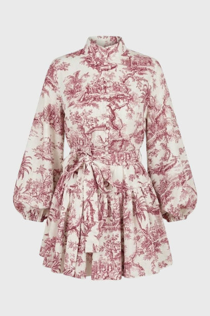 Robe Mini Femme - Manches Bouffantes Col Montant | Vintage — Toile de Jouy Rose
