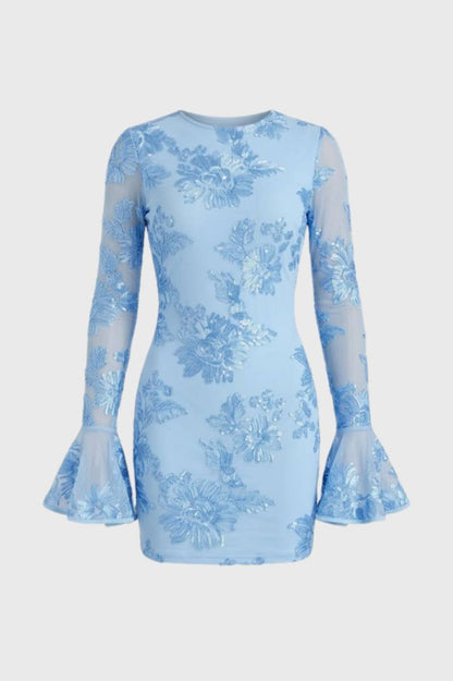 Robe Mini Femme - Manches Évasées Broderie Florale | Élégante — Bleu Clair