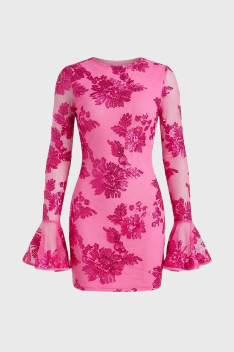 Robe Mini Femme - Manches Évasées Broderie Florale | Élégante — Rose Vif