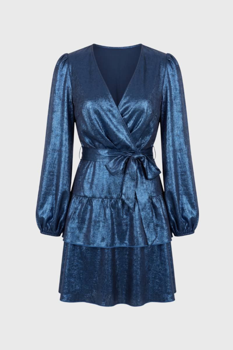 Robe Mini Femme - Portefeuille Manches Bouffantes Col V | Chic — Bleu