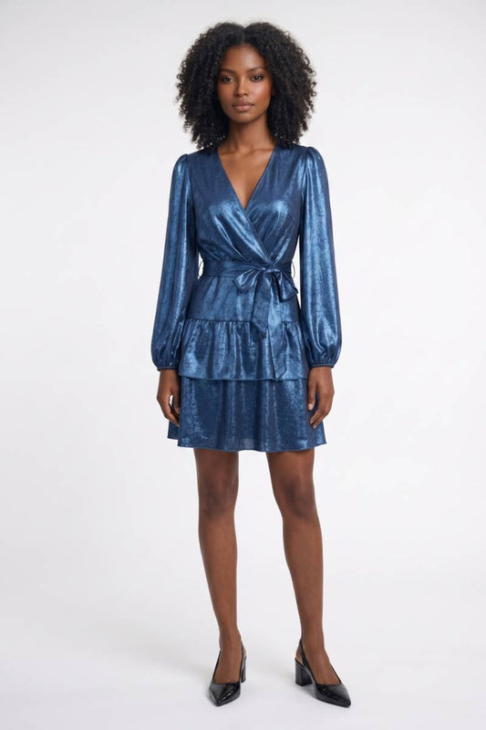Robe Mini Femme - Portefeuille Manches Bouffantes Col V | Chic — Bleu