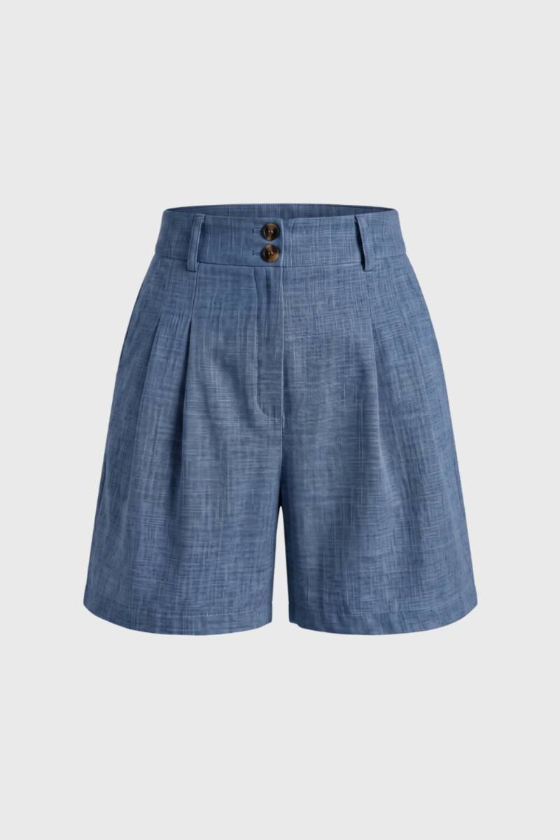 Short Femme - Taille Haute avec Plis Deux Boutons | Chic — Bleu