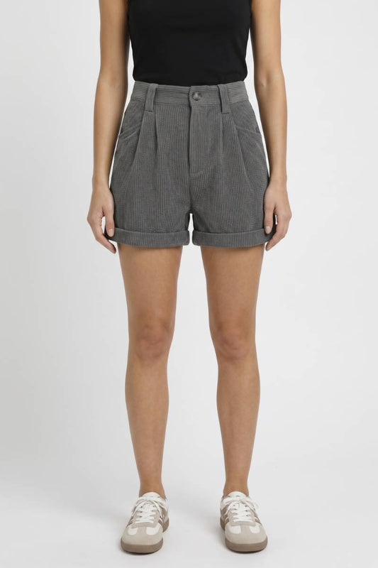 Short Femme - Taille Haute Côtelé Revers Boutonnage | Vintage — Gris