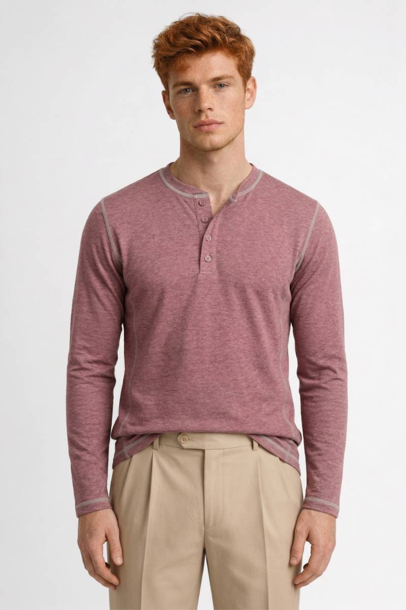 T-Shirt Homme - Col Montant Boutonné | Manches Longues - Rose