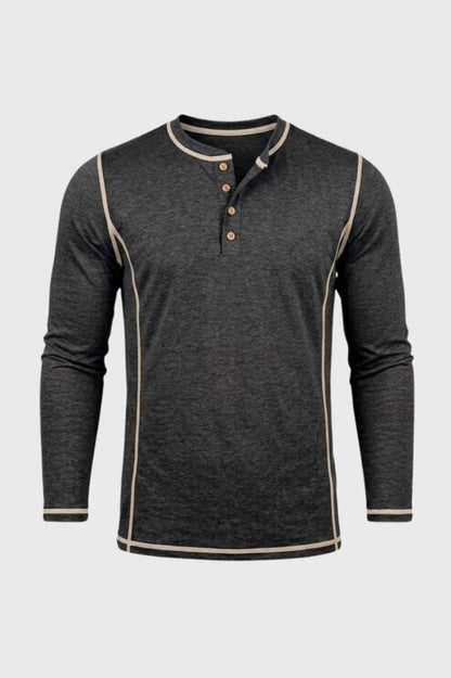 T-Shirt Homme - Col Montant Boutonné | Manches Longues - Anthracite